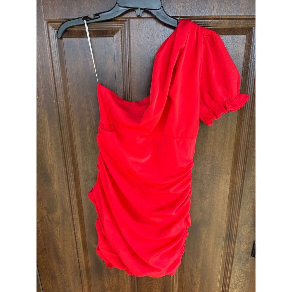 Hello Molly Women's Red One Shoulder Ruched Puff Sleeve Mini Dress US M (6)